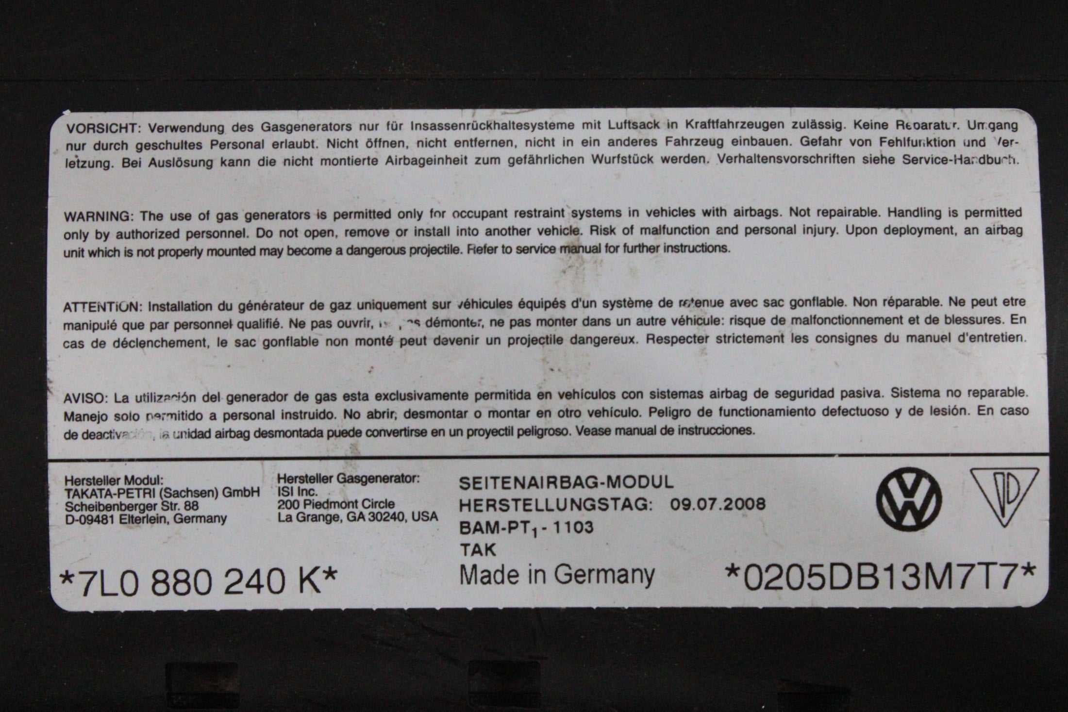 OEM Volkswagen Curtain Airbag – Fits Touareg (2003–2010) – Part 7LO 880 240 K – Volkswagen – product view