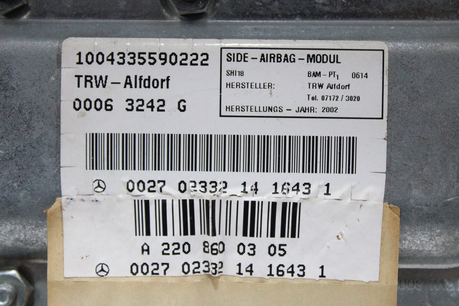 OEM Mercedes-Benz Side Airbag – Fits S430 (2003–2005) 4-MATIC, S500 (2003–2005) 4-MATIC (2000–2005) and S55 Amg, S600 (2001–2005) – Part A 220 860 03 05 – Mercedes-Benz – product view