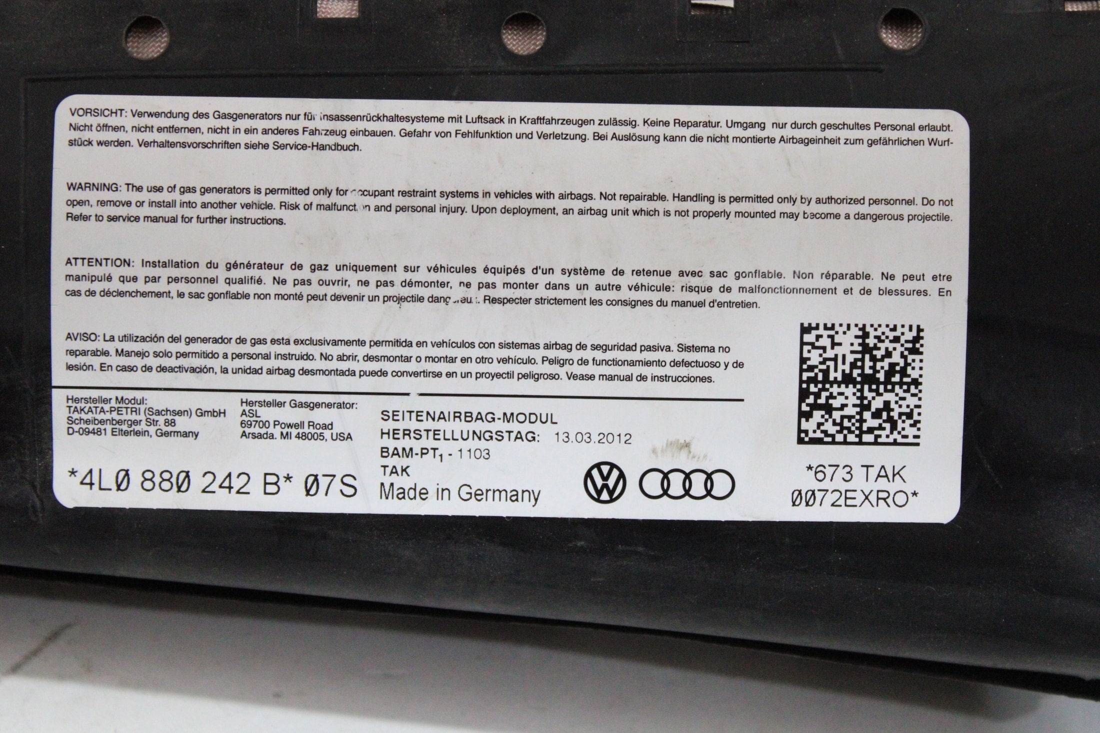OEM Audi Passenger Seat Airbag – Fits Q7 (2007–2015) – Part 4L0880242B – Audi – product view