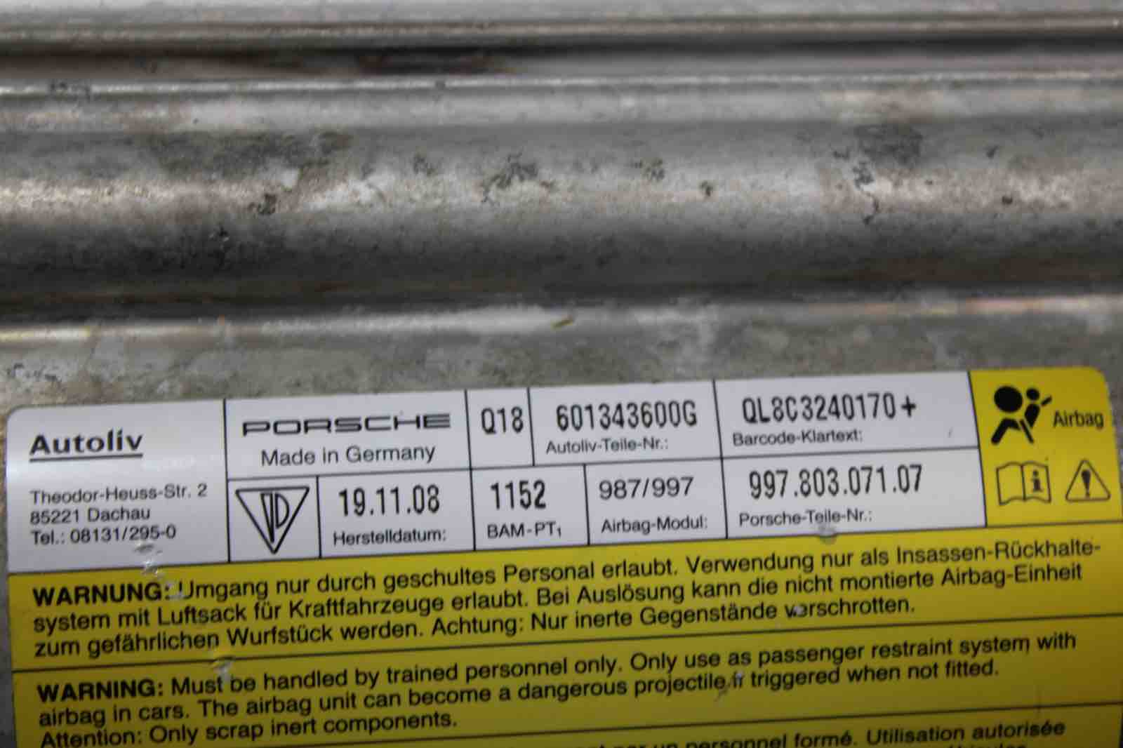 OEM Porsche 911 / Cayman / Boxster Passenger Airbag (2005–2012) | Part #99780307107 / 98780307100 / 99780307103