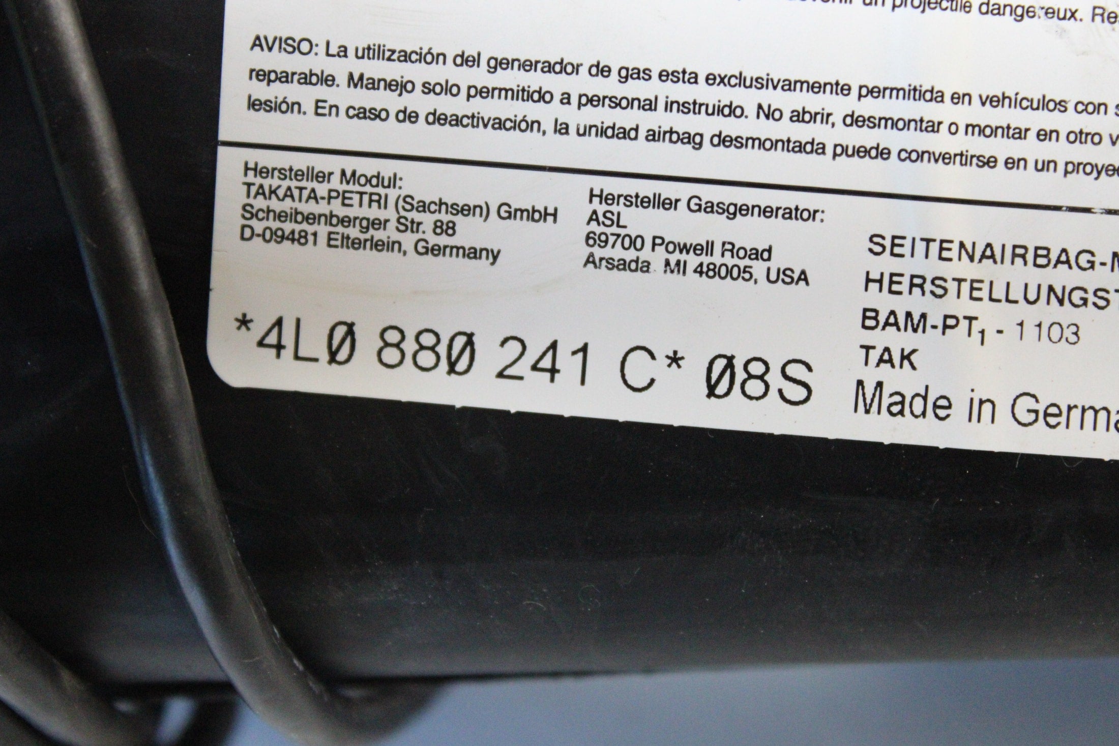 OEM Audi Driver Seat Airbag – Fits Q7 (2010–2015) – Part #4L0880241C - Audi