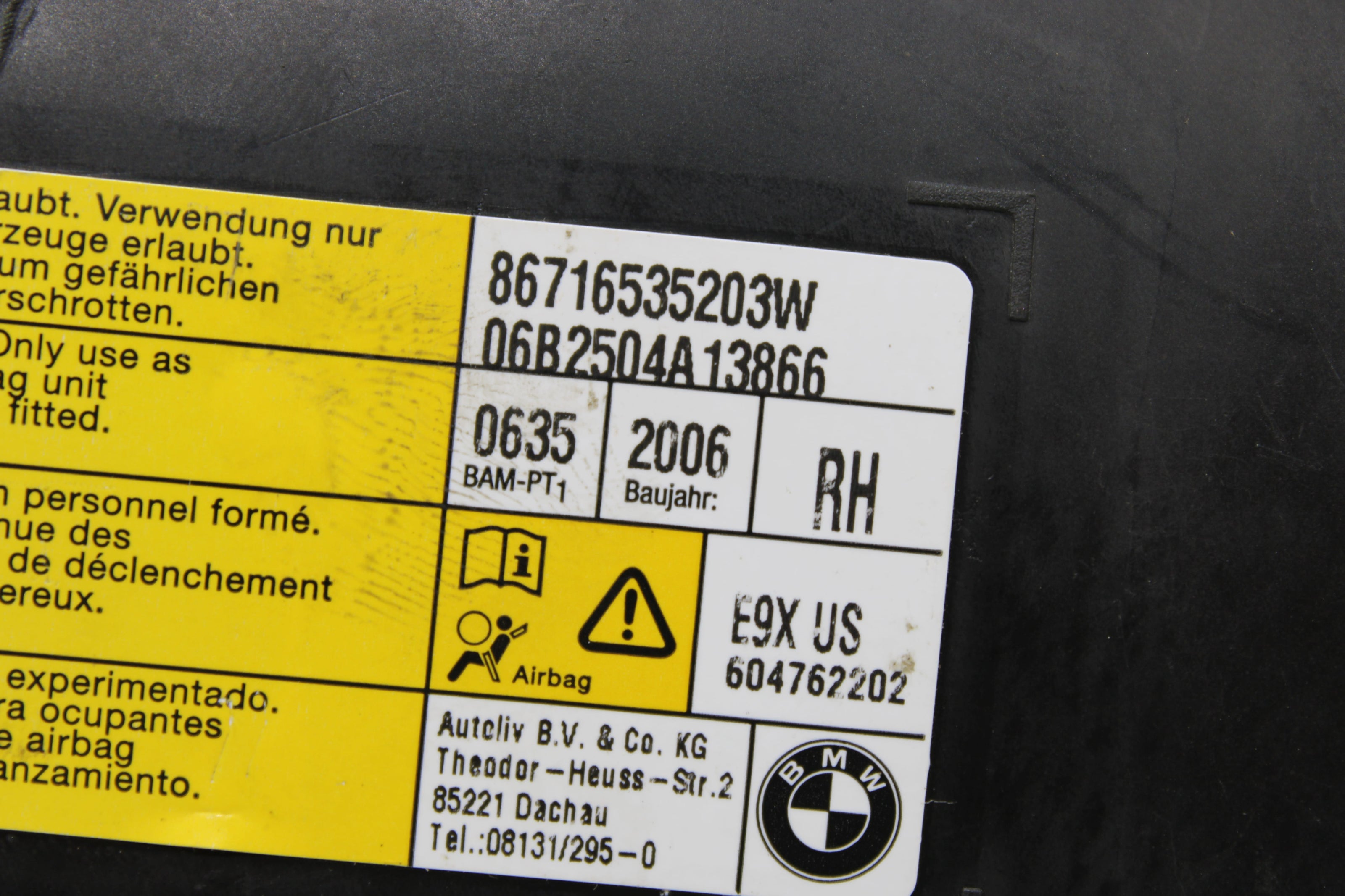 OEM Bmw Side Airbag – Fits 323I, 325I, 328I, 330I, 335I, M3 (2006–2012) – Part 72127165352 - Bmw