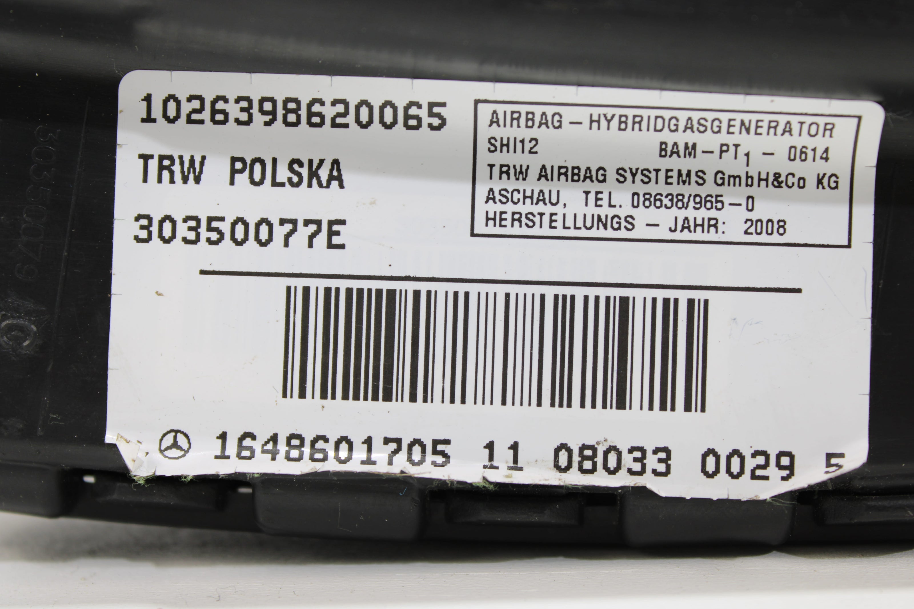 OEM Mercedes - Benz Side Airbag – Fits S350, S400, S450, S500, S550, S600, S63, S65, Cl500, Cl550, Cl600, Cl63, Cl65 (2006–2014) – Part A1648601705 - Mercedes - Benz